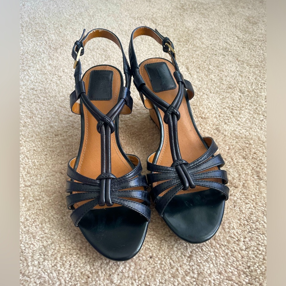 Clarks wedge sandals black leather cute knot detail cork wedge sole sz 8.5 women